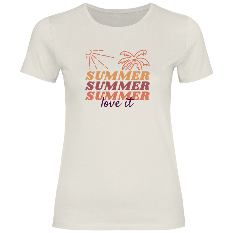 Summer Love It Schriftzug mit Sonne und Palme im Retro Sommer Design.