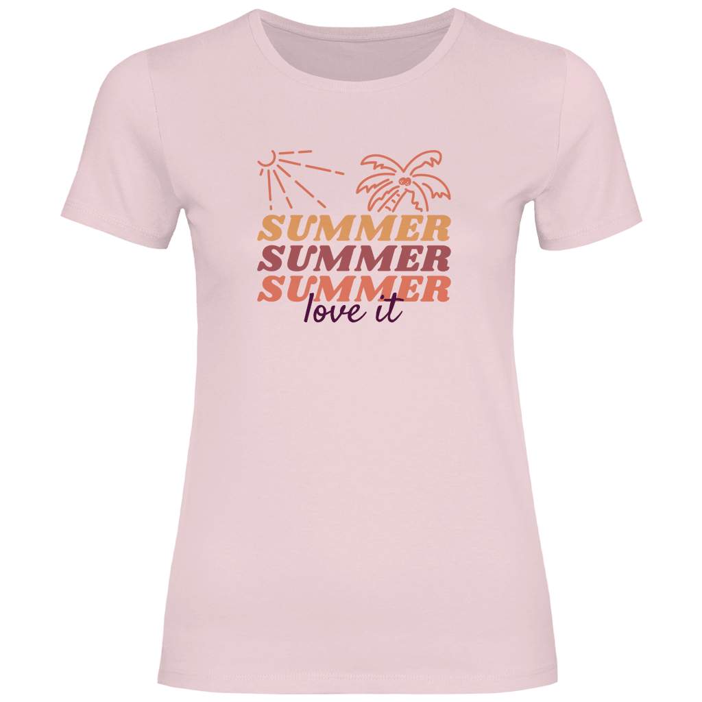 Summer Love It Schriftzug mit Sonne und Palme im Retro Sommer Design.