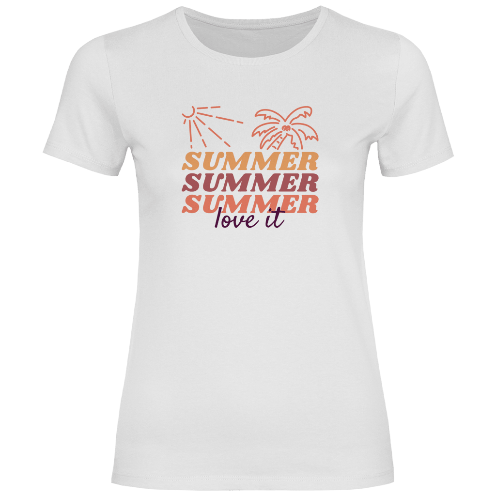 Summer Love It Schriftzug mit Sonne und Palme im Retro Sommer Design.