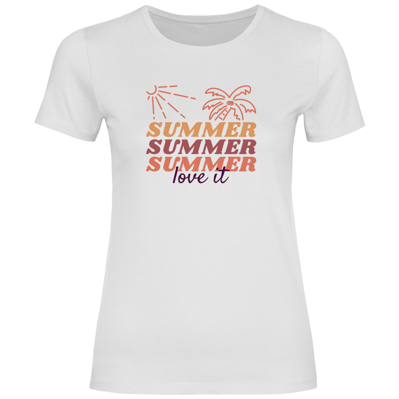 Summer Love It Schriftzug mit Sonne und Palme im Retro Sommer Design.