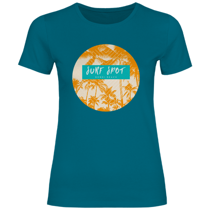 Bondi Beach Surf Motiv mit tropischen Palmen und modernem Surf Spot Schriftzug.