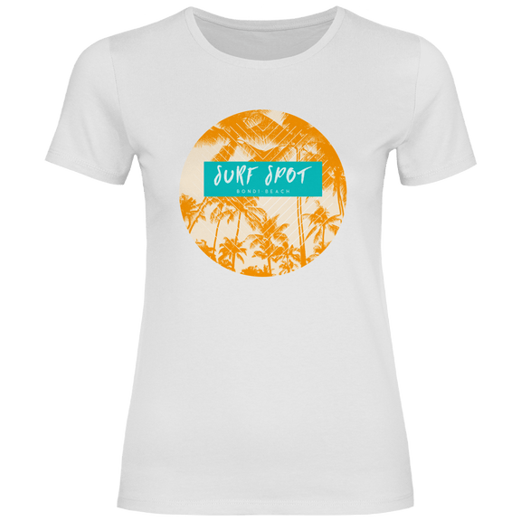 Bondi Beach Surf Motiv mit tropischen Palmen und modernem Surf Spot Schriftzug.
