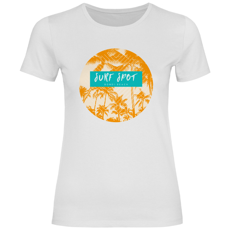 Bondi Beach Surf Motiv mit tropischen Palmen und modernem Surf Spot Schriftzug.