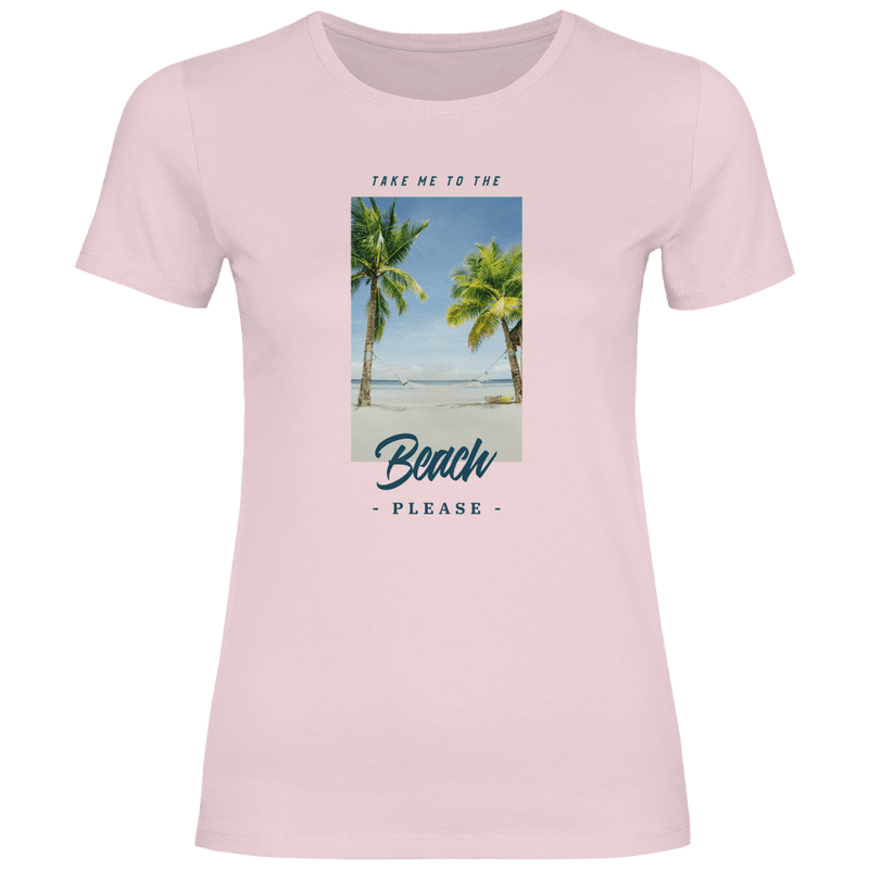 Take Me to the Beach Please Design mit tropischem Strandfoto, Palmen, Hängematte und Travel Schriftzug.