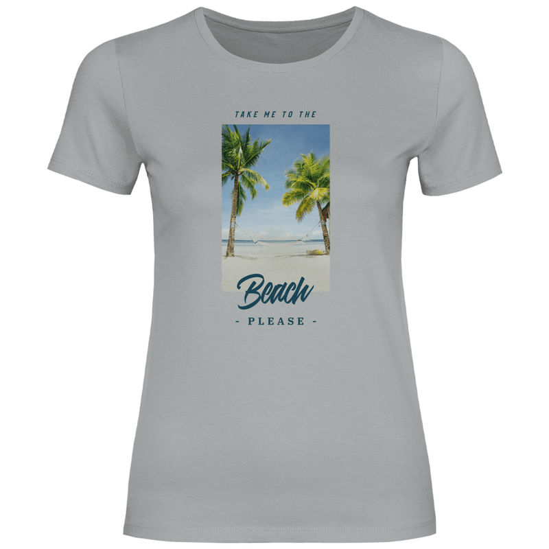 Take Me to the Beach Please Design mit tropischem Strandfoto, Palmen, Hängematte und Travel Schriftzug.