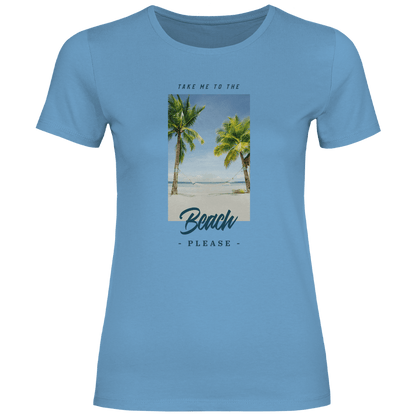 Take Me to the Beach Please Design mit tropischem Strandfoto, Palmen, Hängematte und Travel Schriftzug.