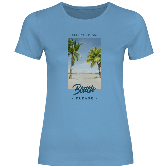 Take Me to the Beach Please Design mit tropischem Strandfoto, Palmen, Hängematte und Travel Schriftzug.