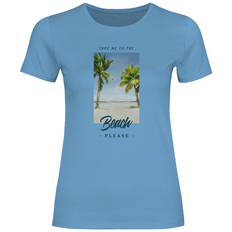 Take Me to the Beach Please Design mit tropischem Strandfoto, Palmen, Hängematte und Travel Schriftzug.