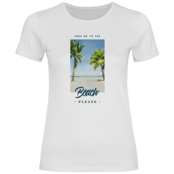 Take Me to the Beach Please Design mit tropischem Strandfoto, Palmen, Hängematte und Travel Schriftzug.