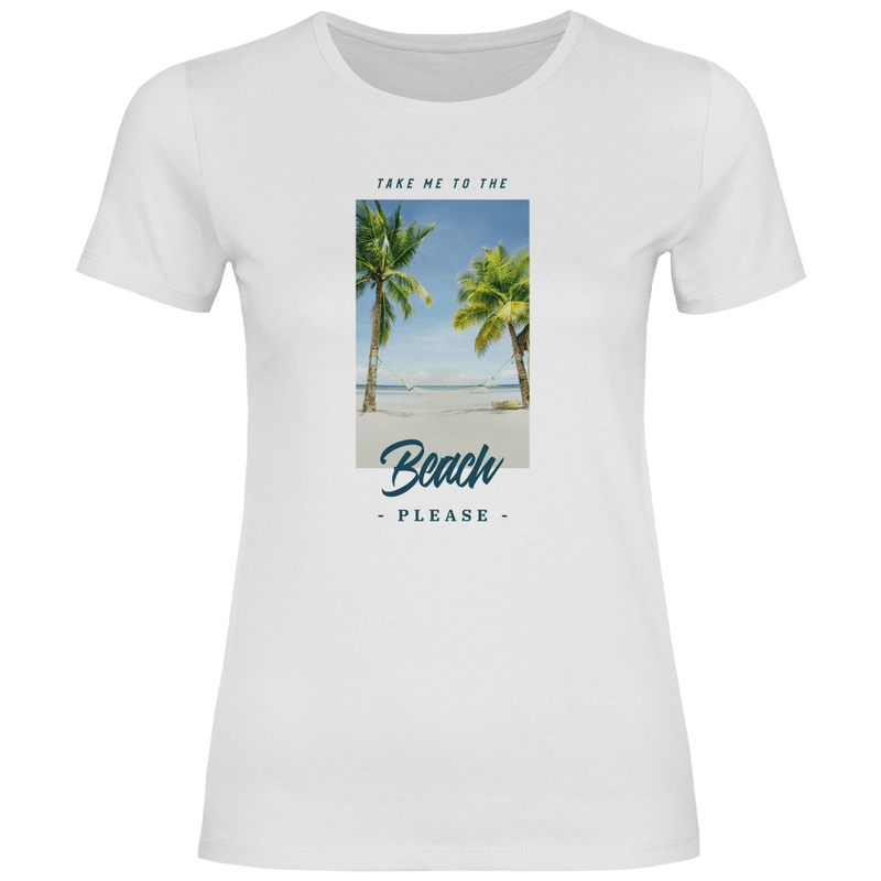 Take Me to the Beach Please Design mit tropischem Strandfoto, Palmen, Hängematte und Travel Schriftzug.