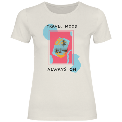 Travel Mood Always On Design mit abstrakten Formen, Palmenfoto und modernem Travel Schriftzug.