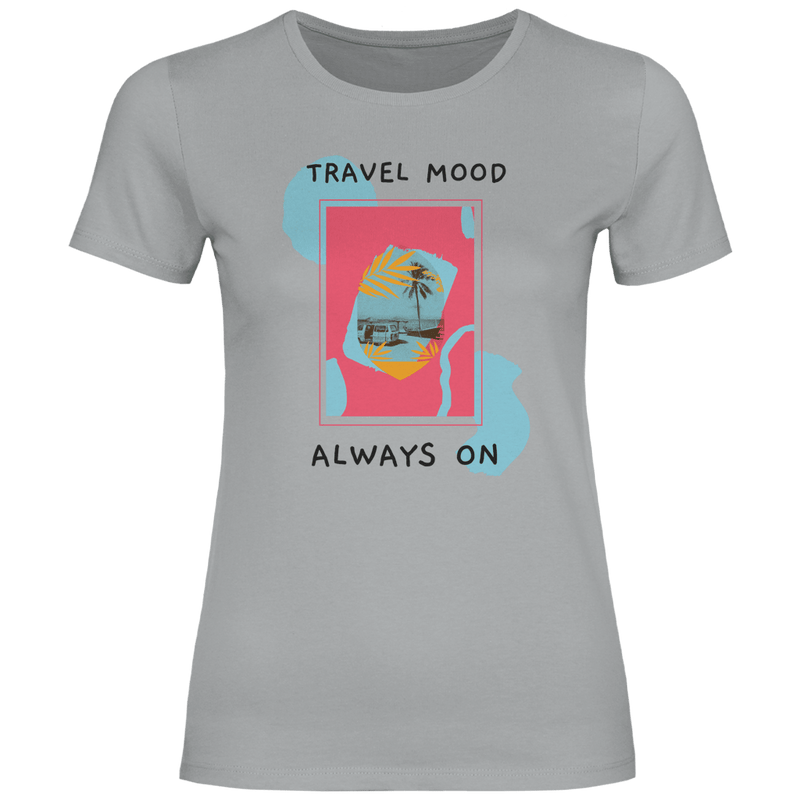 Travel Mood Always On Design mit abstrakten Formen, Palmenfoto und modernem Travel Schriftzug.