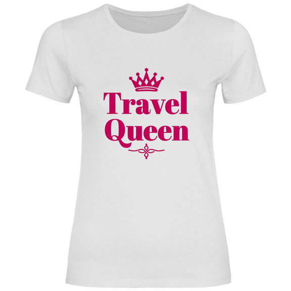 Travel Queen Schriftzug mit Krone in Pink. Reise Statement Design von travelPrint4U auf weissem T-Shirt.