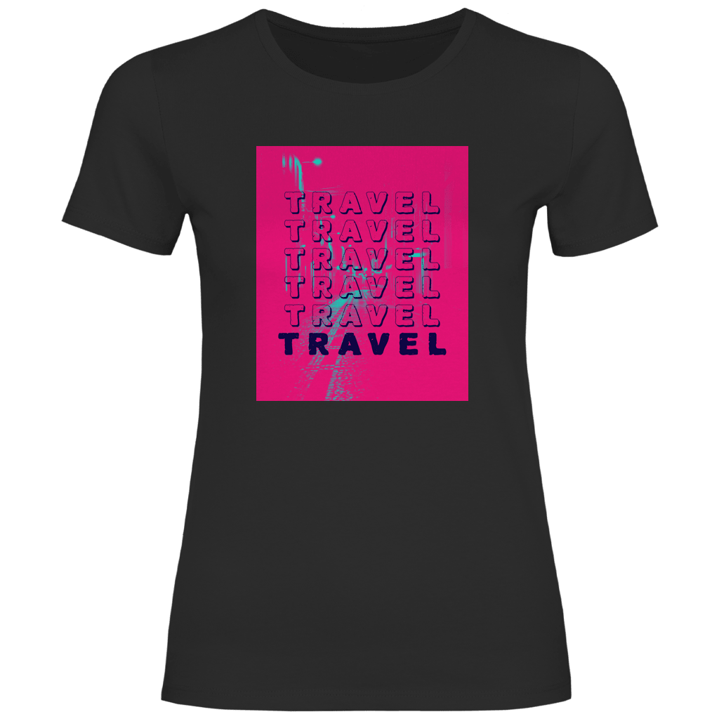 Travel Travel Travel Schriftzug im modernen Pop-Art Stil auf pinkem Hintergrund mit urbanem Street-Motiv.