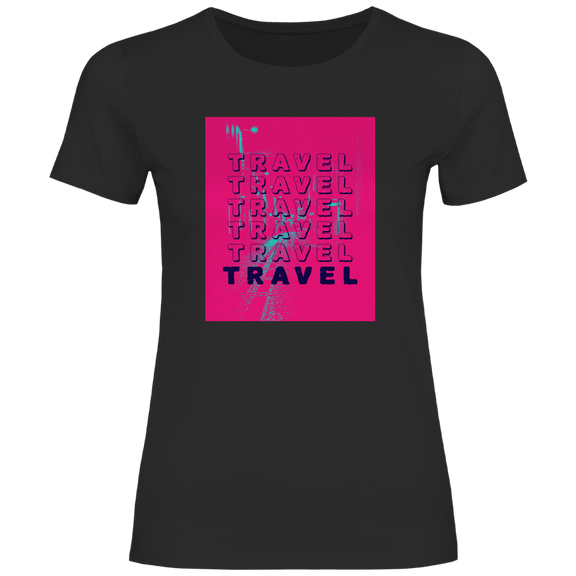 Travel Travel Travel Schriftzug im modernen Pop-Art Stil auf pinkem Hintergrund mit urbanem Street-Motiv.