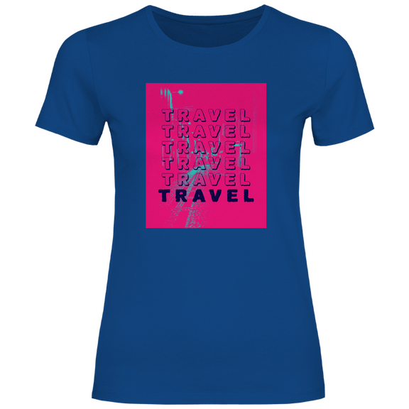 Travel Travel Travel Schriftzug im modernen Pop-Art Stil auf pinkem Hintergrund mit urbanem Street-Motiv.