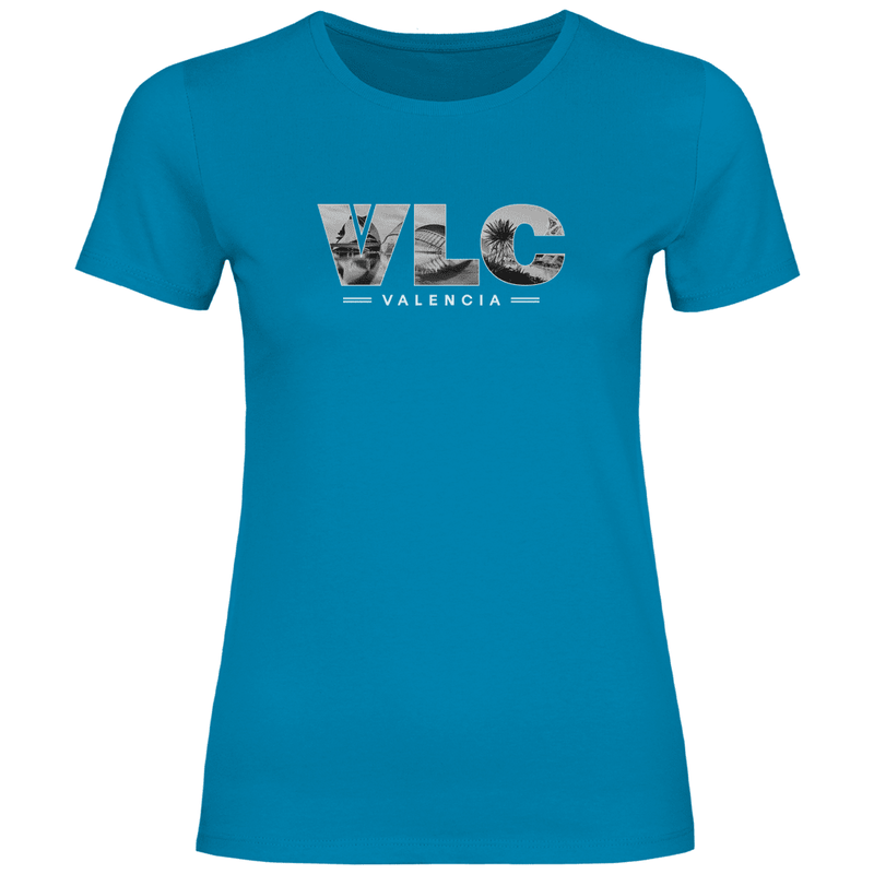 Hellblaues Shirt mit drei Buchstaben des Flughafencode. Als Overlay der Buchstaben liegt ein Bild von Valencia.