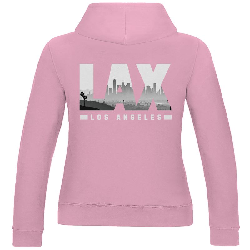 Damen Sweatshirt in Pink mit dem LAX Airport Code von Los Angeles. 2seitiges Design. Fernweh zum Anziehen von travelPrint4U