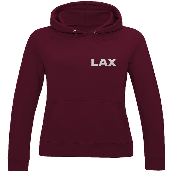Damen Sweatshirt in Burgund mit dem LAX Airport Code von Los Angeles. 2seitiges Design. Fernweh zum Anziehen von travelPrint4U