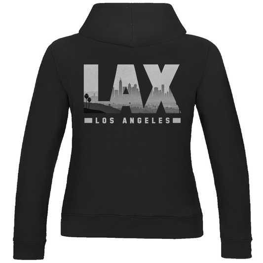 Damen Sweatshirt in Jet Black mit dem LAX Airport Code von Los Angeles. 2seitiges Design. Fernweh zum Anziehen von travelPrint4U
