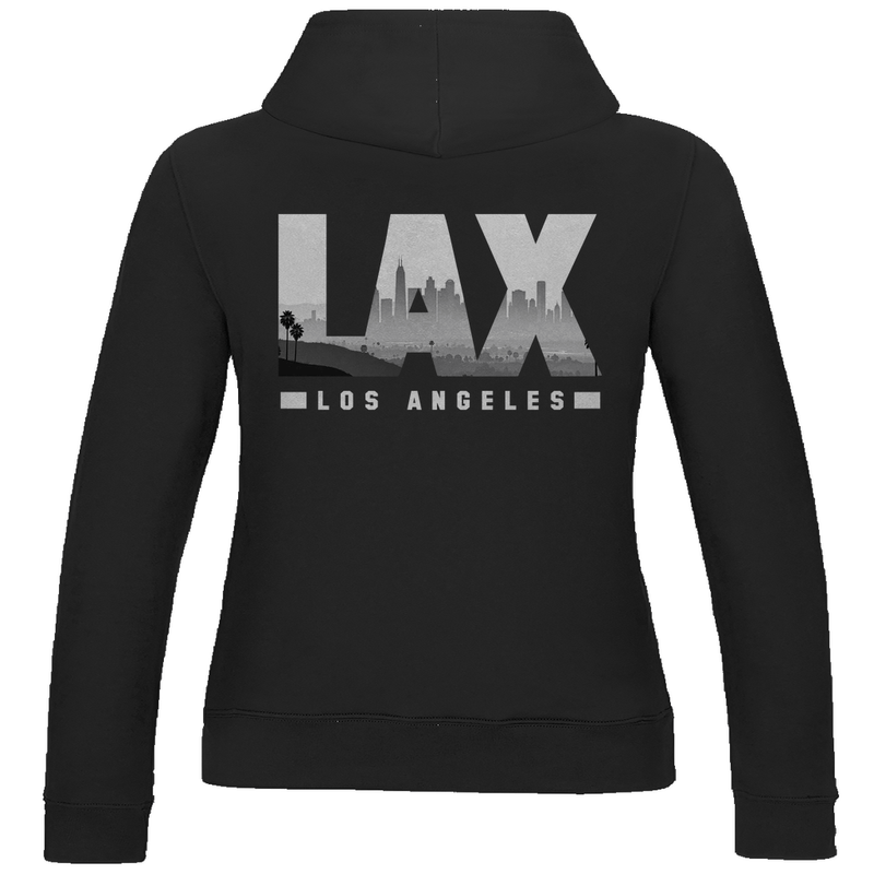 Damen Sweatshirt in Jet Black mit dem LAX Airport Code von Los Angeles. 2seitiges Design. Fernweh zum Anziehen von travelPrint4U