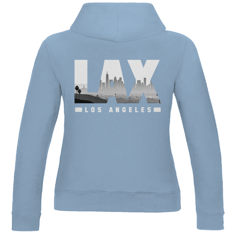 Damen Sweatshirt in Sky Blue mit dem LAX Airport Code von Los Angeles. 2seitiges Design. Fernweh zum Anziehen von travelPrint4U