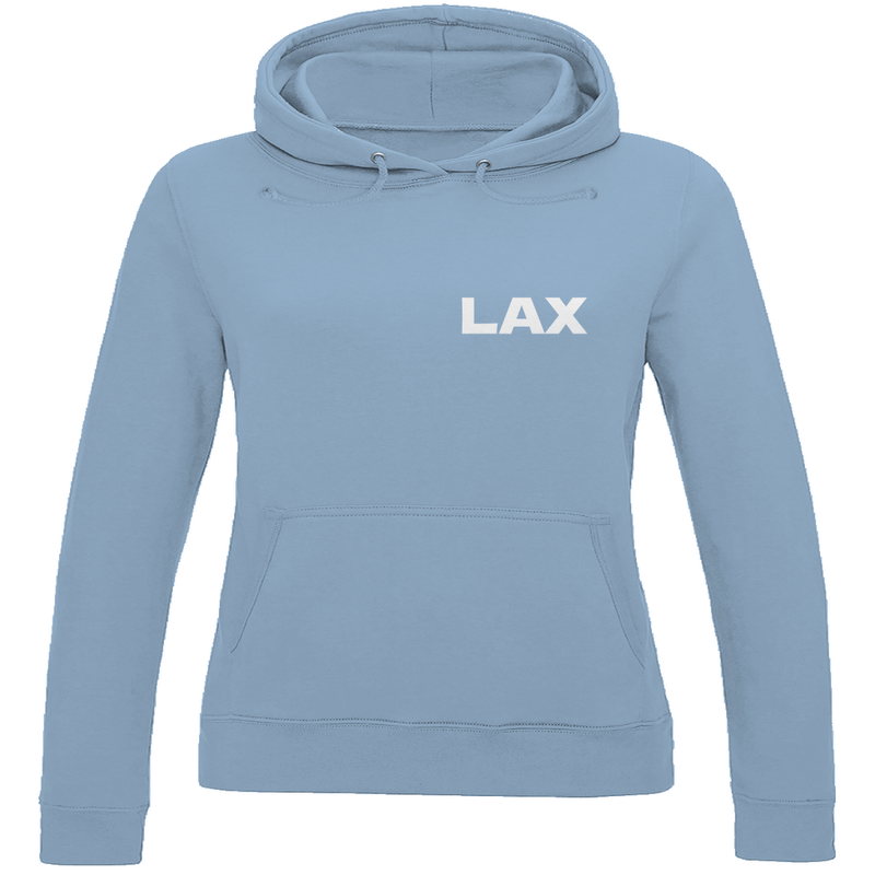 Damen Sweatshirt in Sky Blue mit dem LAX Airport Code von Los Angeles. 2seitiges Design. Fernweh zum Anziehen von travelPrint4U