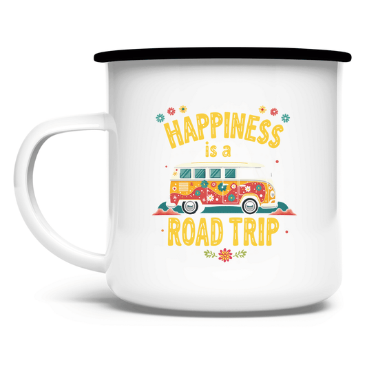 Emaille Tasse mit buntem Print HAPPINESS IS A ROAD TRIP. Tassenfarbe: Weiß, Rand Schwarz. Fernweh zum Anfassen? travelPrint4U