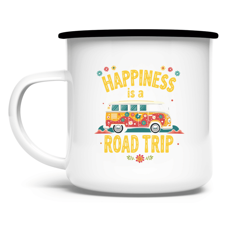 Emaille Tasse mit buntem Print HAPPINESS IS A ROAD TRIP. Tassenfarbe: Weiß, Rand Schwarz. Fernweh zum Anfassen? travelPrint4U