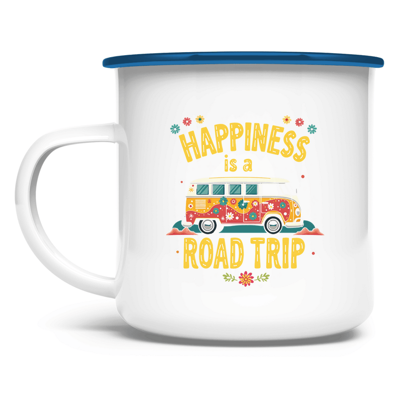 Emaille Tasse mit buntem Print HAPPINESS IS A ROAD TRIP. Tassenfarbe: Weiß, Rand Blau. Fernweh zum Anfassen? travelPrint4U