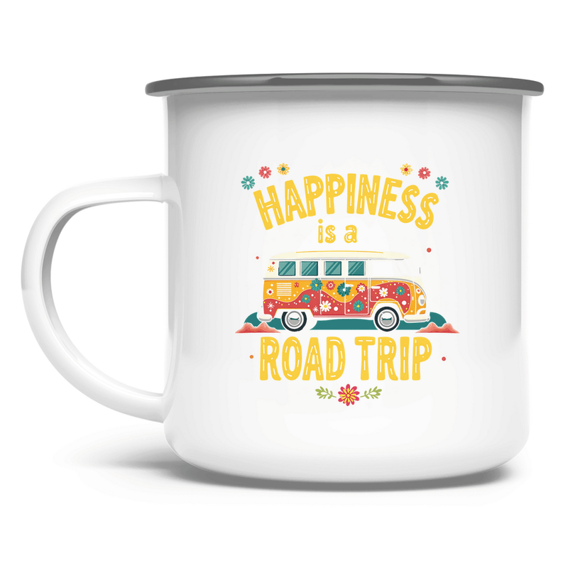 Emaille Tasse mit buntem Print HAPPINESS IS A ROAD TRIP. Tassenfarbe: Weiß, Rand Silber. Fernweh zum Anfassen? travelPrint4U