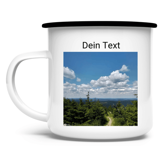 Emaille Tasse personalisierbar mit Deinem Foto und kurzem Text. Tasse weiß, Rand schwarz. Fernweh zum Anfassen? travelPrint4U