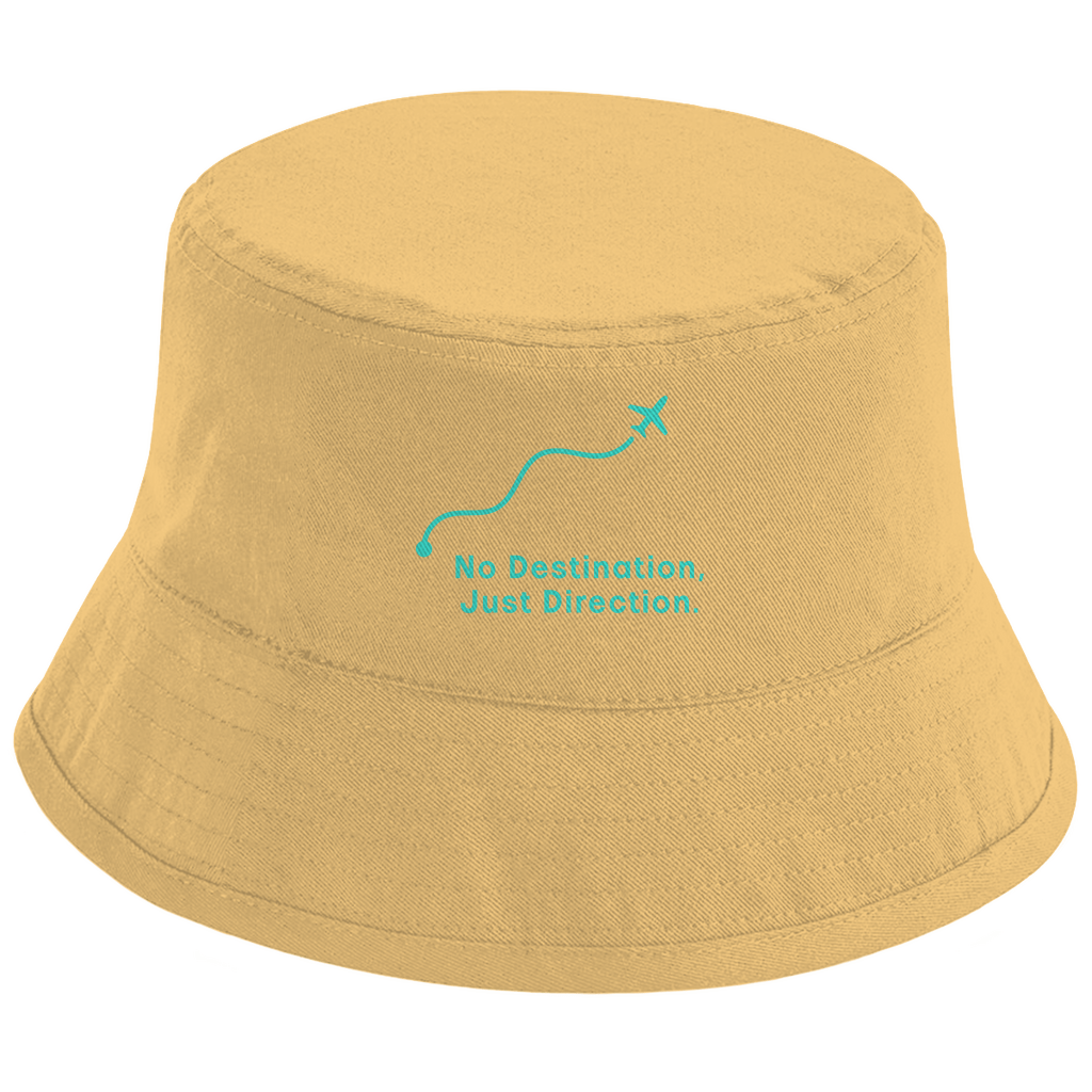 Fischerhut mit NO DESTINATION, JUST DIRECTION Print in türkis. Stoff-Farbe: Sand. Fernweh zum Anfassen? travelPrint4U.de