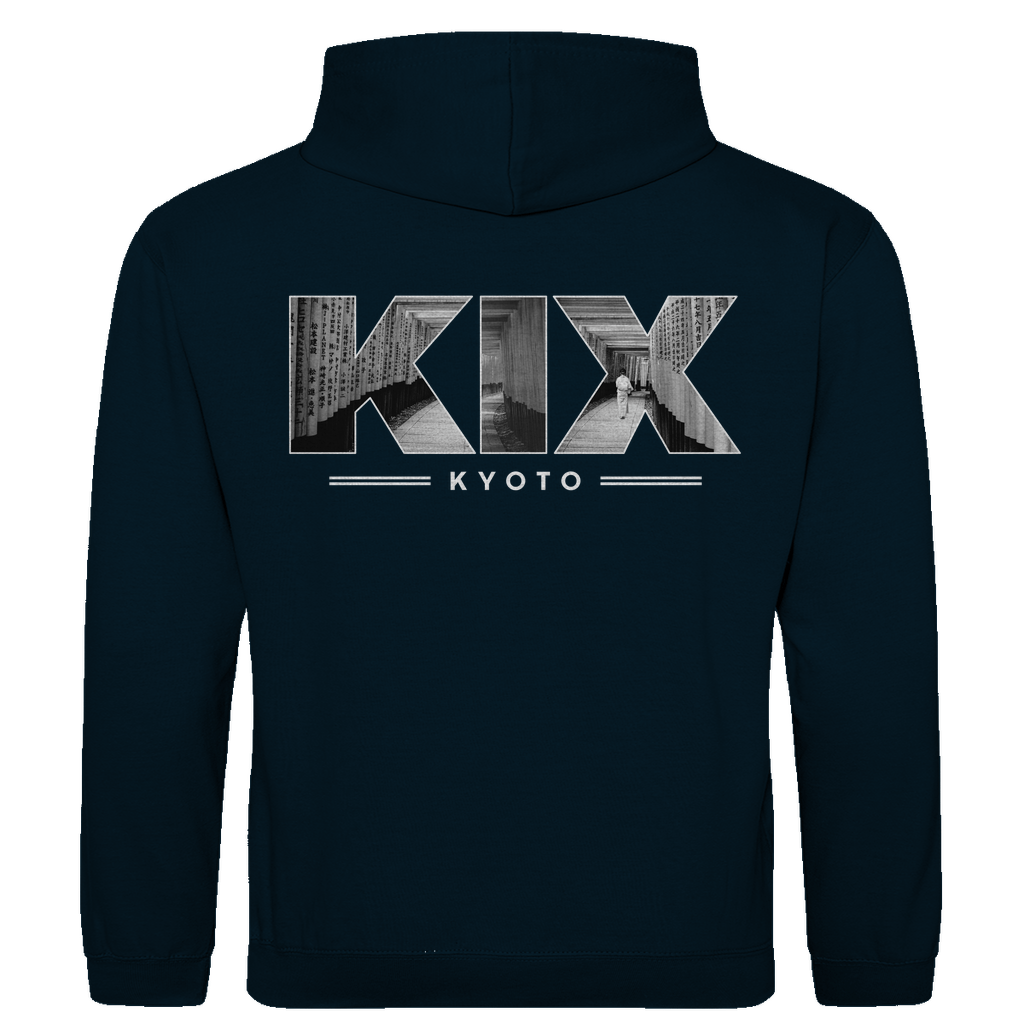 Kapuzen Pullover für Herren mit Airport Code für Kyoto mit Bild. Farbe D-Blau. Fernweh zum Anziehen von travelPrint4U.de