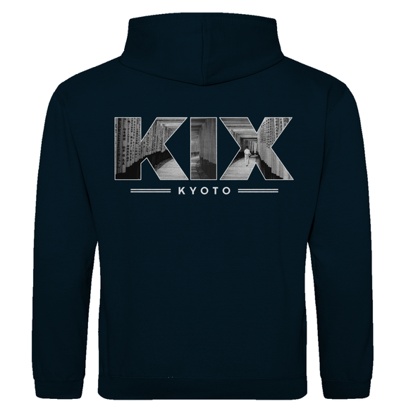 Kapuzen Pullover für Herren mit Airport Code für Kyoto mit Bild. Farbe D-Blau. Fernweh zum Anziehen von travelPrint4U.de