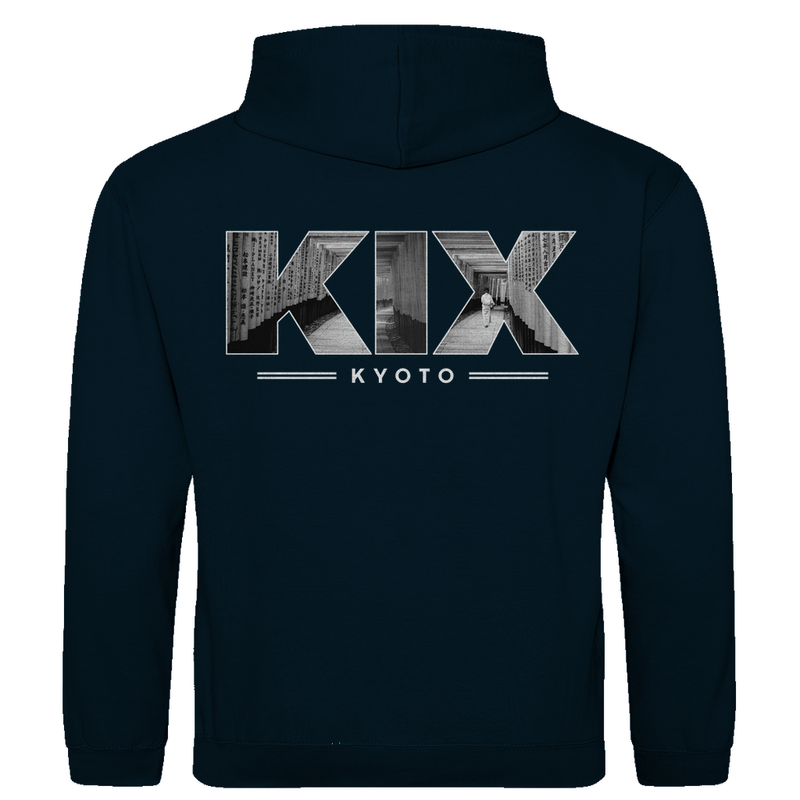 Kapuzen Pullover für Herren mit Airport Code für Kyoto mit Bild. Farbe D-Blau. Fernweh zum Anziehen von travelPrint4U.de