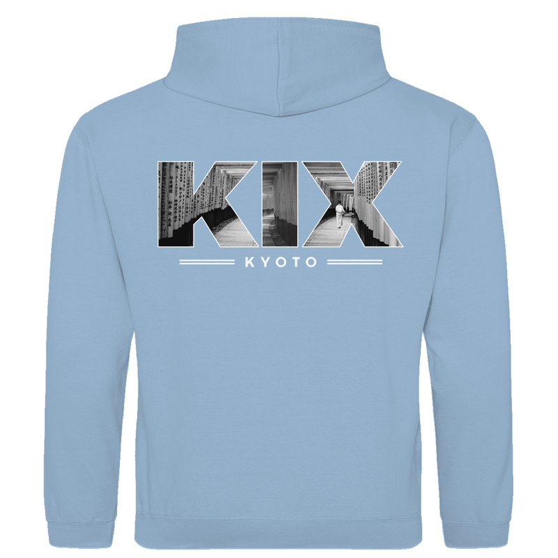 Kapuzen Pullover für Herren mit Airport Code für Kyoto mit Bild. Farbe Sky Blue. Fernweh zum Anziehen von travelPrint4U.de