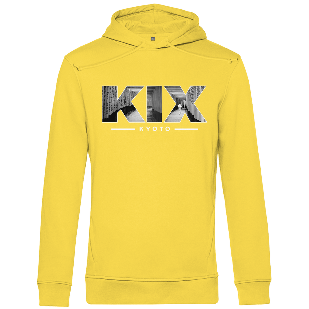 Kapuzen Pullover für Herren mit Airport Code für Kyoto mit Bild. Farbe Gelb. Fernweh zum Anziehen von travelPrint4U.de