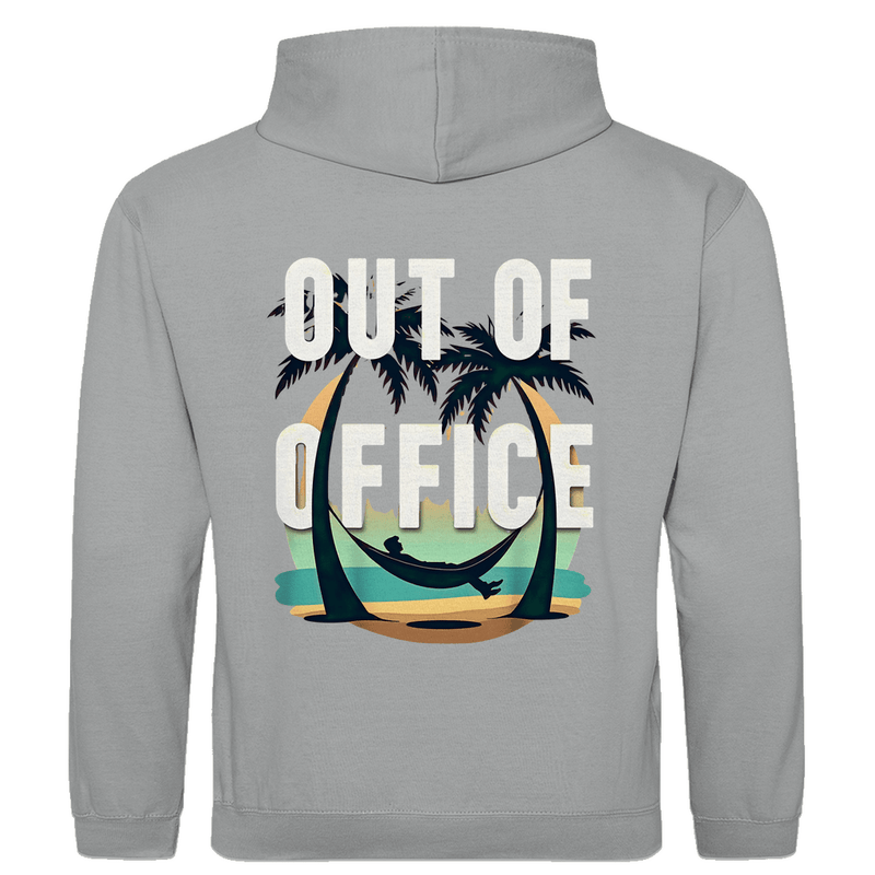 Herren Hoodie in der Farbe Heather Grey mit OUT OF OFFICE Design. Fernweh zum Anziehen mit travelPrint4U.de