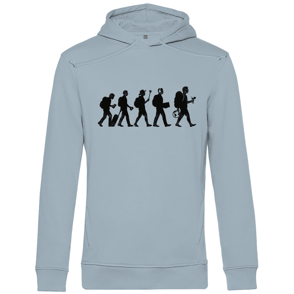 Herren Hoodie mit TOURIST EVOLUTION Print in schwarz. Stoff-Farbe: Blue Fog. Fernweh mal Lustig? travelPrint4U.de