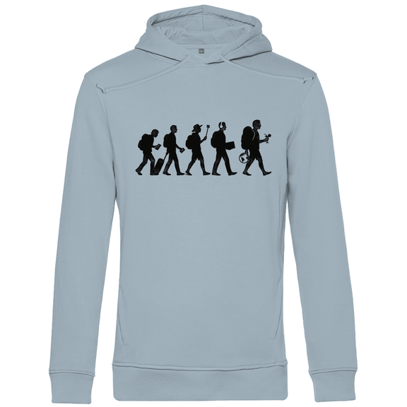 Herren Hoodie mit TOURIST EVOLUTION Print in schwarz. Stoff-Farbe: Blue Fog. Fernweh mal Lustig? travelPrint4U.de