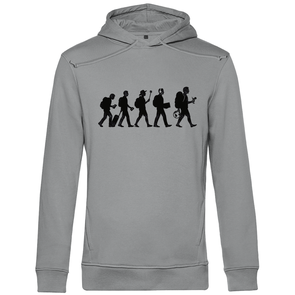 Herren Hoodie mit TOURIST EVOLUTION Print in schwarz. Stoff-Farbe: Heather Grey. Fernweh mal Lustig? travelPrint4U.de