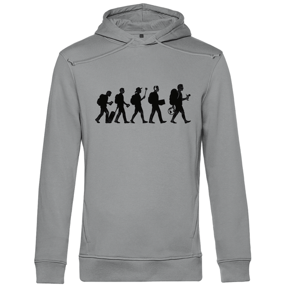 Herren Hoodie mit TOURIST EVOLUTION Print in schwarz. Stoff-Farbe: Heather Grey. Fernweh mal Lustig? travelPrint4U.de