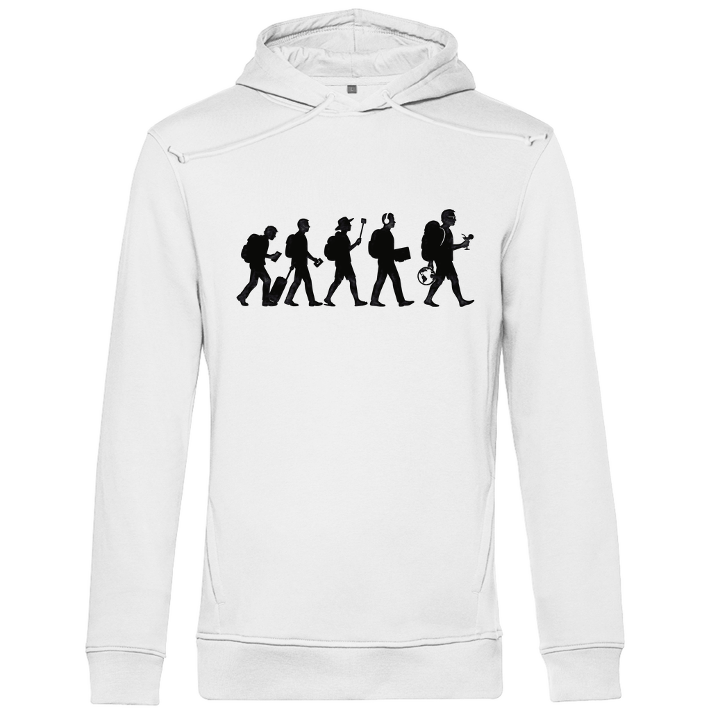 Herren Hoodie mit TOURIST EVOLUTION Print in schwarz. Stoff-Farbe: White. Fernweh mal Lustig? travelPrint4U.de