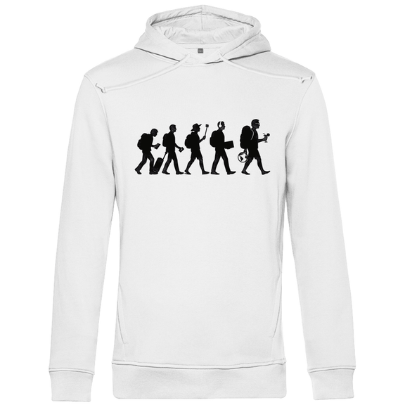 Herren Hoodie mit TOURIST EVOLUTION Print in schwarz. Stoff-Farbe: White. Fernweh mal Lustig? travelPrint4U.de