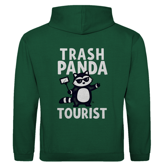 Herren Hoodie mit Waschbär Meme, Panda mit Selfie-Stick. Stoff-Farbe: Bottle Green. Fernweh zum Anziehen? travelPrint4U.de