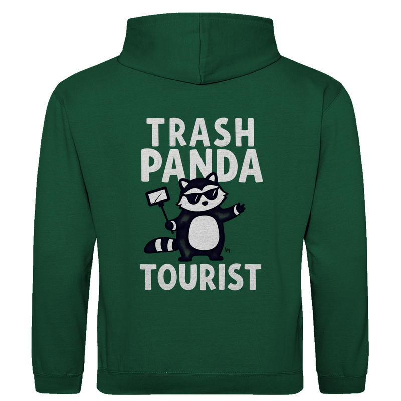 Herren Hoodie mit Waschbär Meme, Panda mit Selfie-Stick. Stoff-Farbe: Bottle Green. Fernweh zum Anziehen? travelPrint4U.de