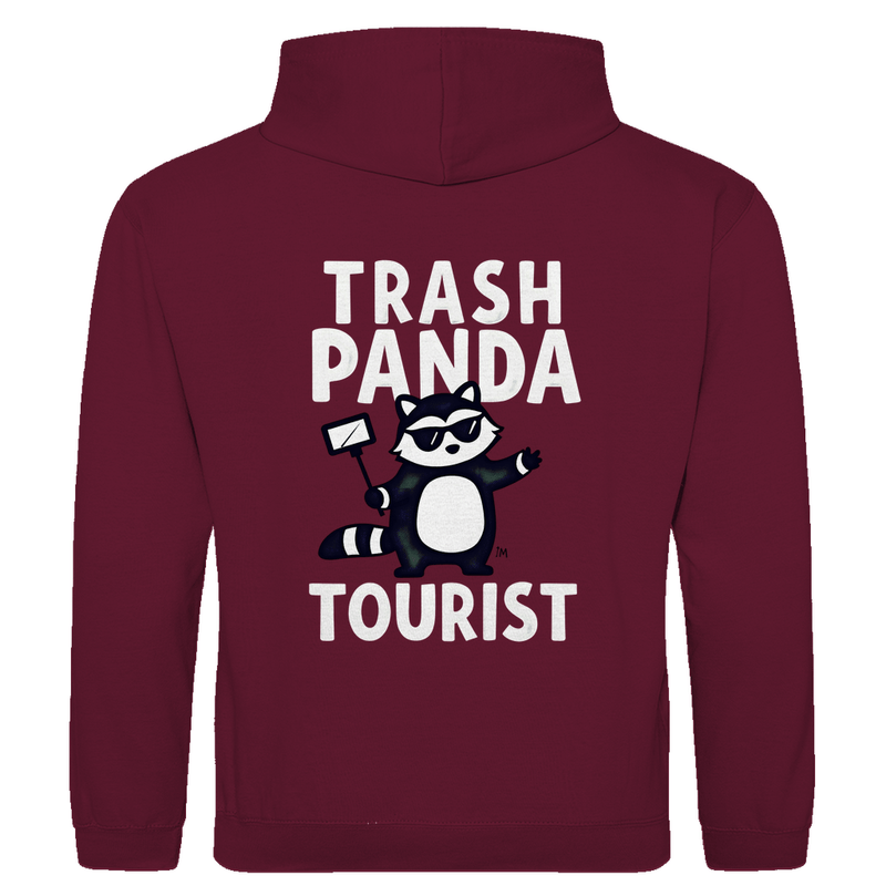 Herren Hoodie mit Waschbär Meme, Panda mit Selfie-Stick. Stoff-Farbe: Burgund. Fernweh zum Anziehen? travelPrint4U.de