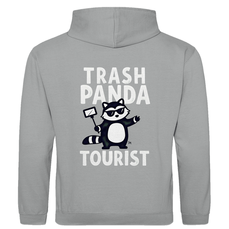 Herren Hoodie mit Waschbär Meme, Panda mit Selfie-Stick. Stoff-Farbe: Heather Grey. Fernweh zum Anziehen? travelPrint4U.de