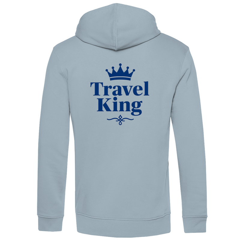 Herren Hoodie mit Print TRAVEL KING (blau). Stoff-Farbe: Blue Fog. Fernweh zum Anziehen? travelPrint4U.de